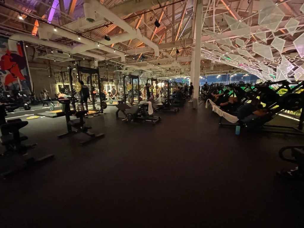 Large strength training area at Warehouse Gym Dubai Science Park with high ceilings and rows of gym equipment